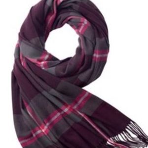 Indigo scarf in merlot plaid with fringe trim